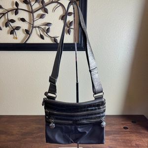 Brighton Women Olive Green Leather & Nylon Adjustable Strap Crossbody Bag